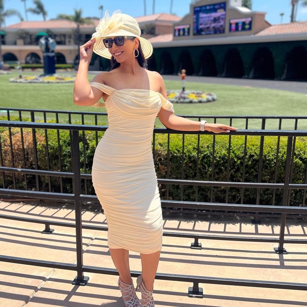 Chic Yellow Ruched Midi Dress - Picture 2 of 9